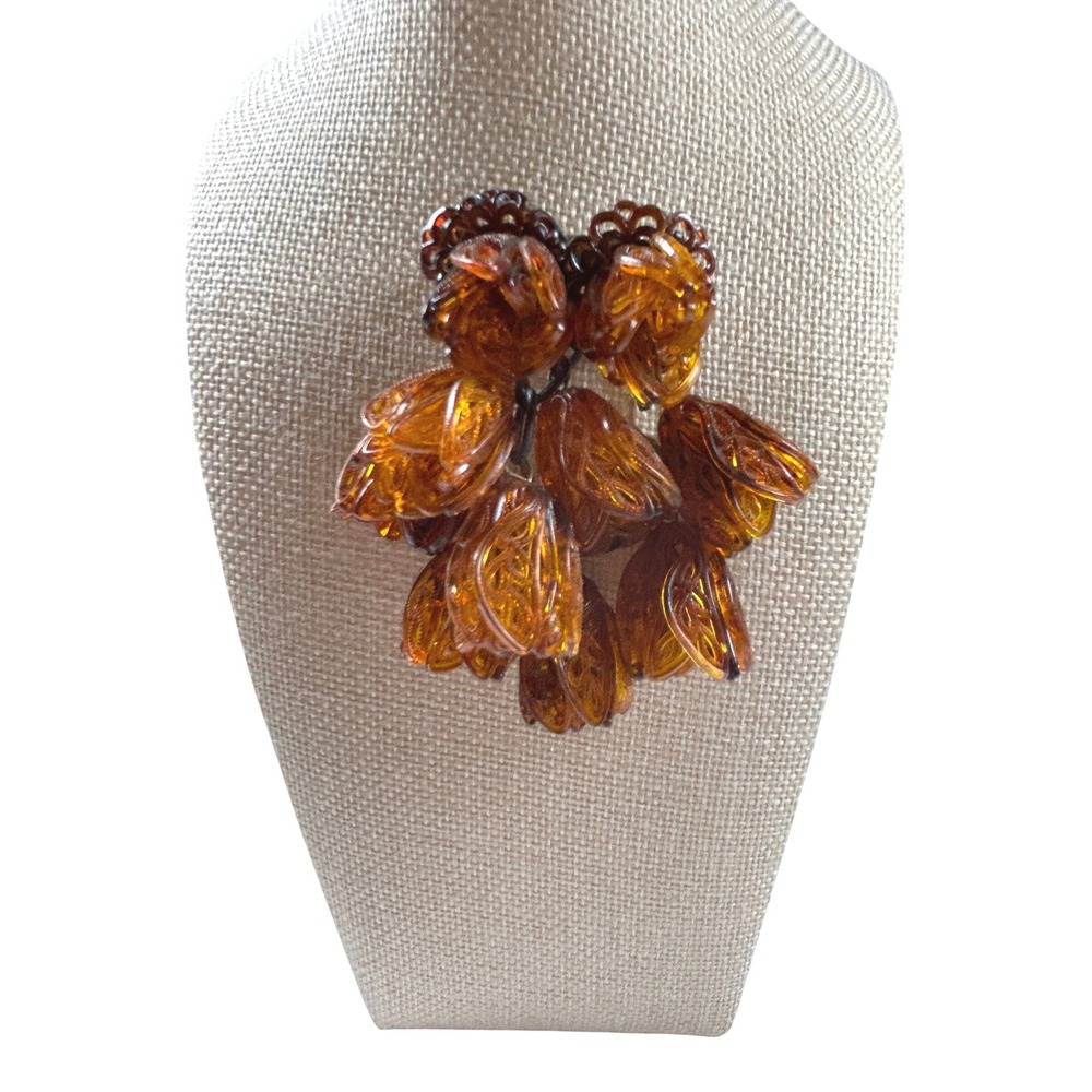 Rare Vintage 1930s/40s Oversized Amber Lucite Flower Dangle Brooch Unique - Picture 3 of 11